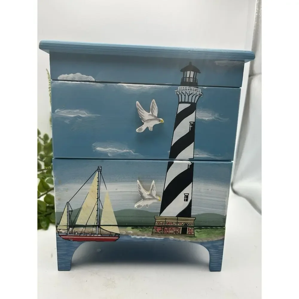 Nautical Lighthouse and Sailboat Mini Wooden Chest